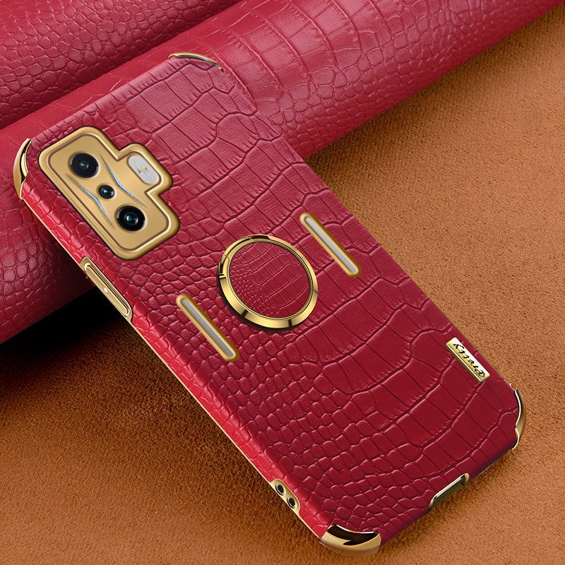 For Xiaomi Poco F4 GT/Redmi K50 Gaming Crocodile Texture Leather Coated TPU Case 6D Electroplated Camera Lens Protection Cover with Ring Holder Kickstand
