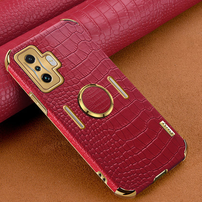 For Xiaomi Poco F4 GT/Redmi K50 Gaming Crocodile Texture Leather Coated TPU Case 6D Electroplated Camera Lens Protection Cover with Ring Holder Kickstand
