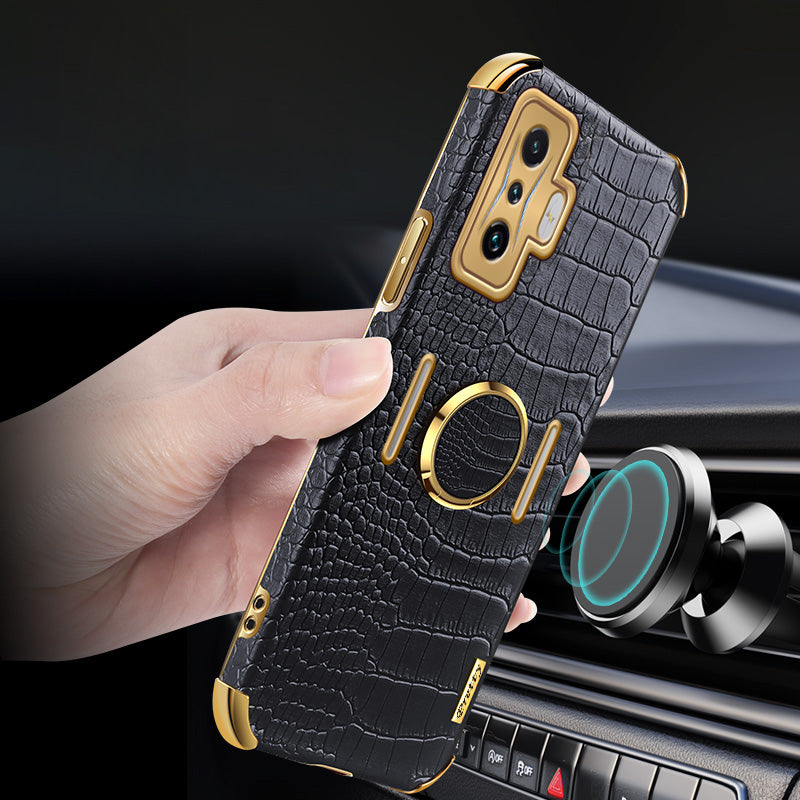 For Xiaomi Poco F4 GT/Redmi K50 Gaming Crocodile Texture Leather Coated TPU Case 6D Electroplated Camera Lens Protection Cover with Ring Holder Kickstand