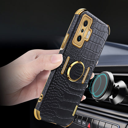 For Xiaomi Poco F4 GT/Redmi K50 Gaming Crocodile Texture Leather Coated TPU Case 6D Electroplated Camera Lens Protection Cover with Ring Holder Kickstand