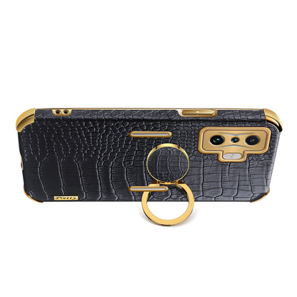 For Xiaomi Poco F4 GT/Redmi K50 Gaming Crocodile Texture Leather Coated TPU Case 6D Electroplated Camera Lens Protection Cover with Ring Holder Kickstand