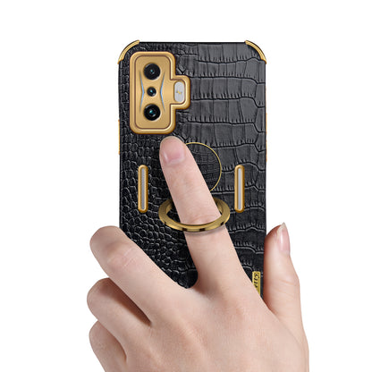 For Xiaomi Poco F4 GT/Redmi K50 Gaming Crocodile Texture Leather Coated TPU Case 6D Electroplated Camera Lens Protection Cover with Ring Holder Kickstand