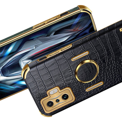 For Xiaomi Poco F4 GT/Redmi K50 Gaming Crocodile Texture Leather Coated TPU Case 6D Electroplated Camera Lens Protection Cover with Ring Holder Kickstand