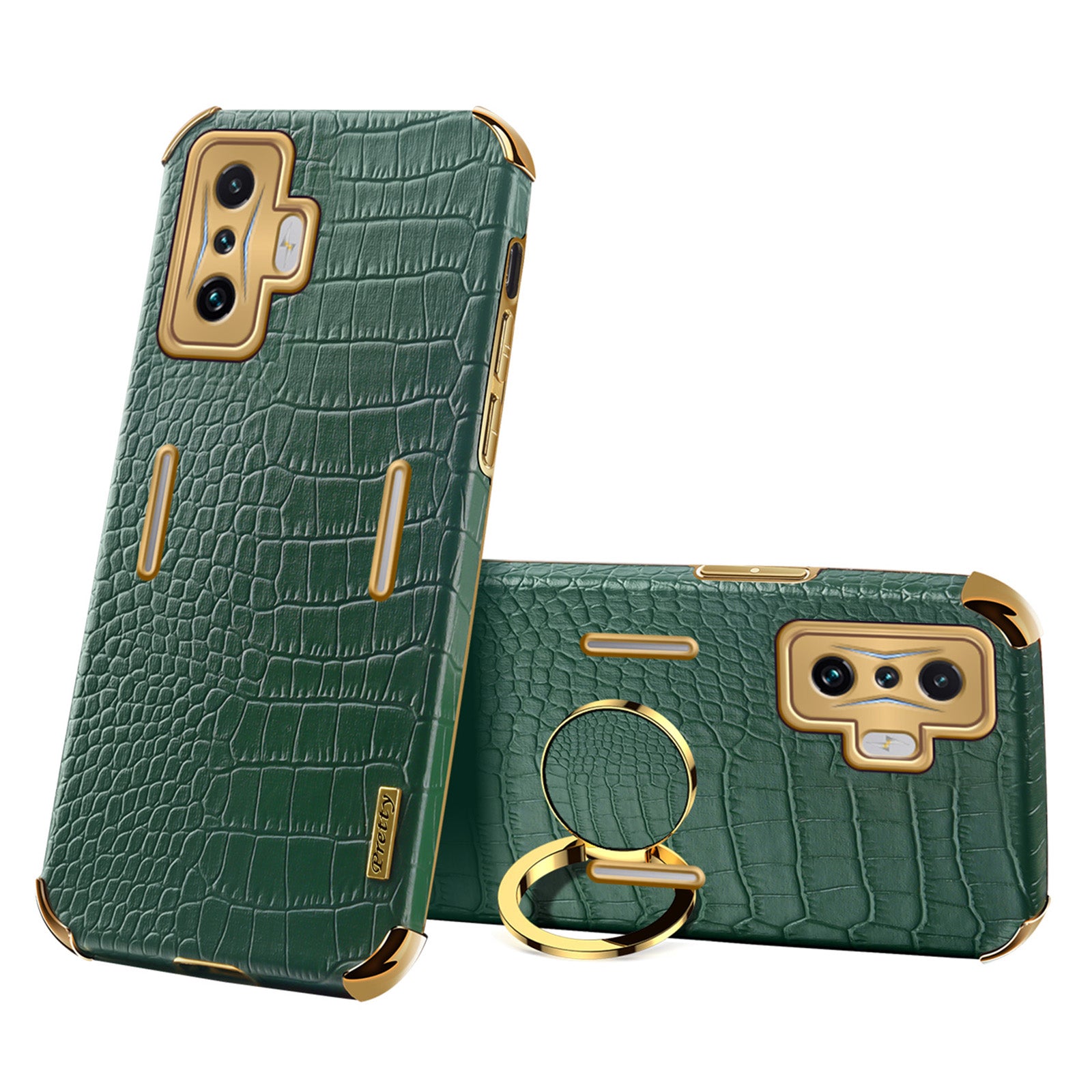 For Xiaomi Poco F4 GT/Redmi K50 Gaming Crocodile Texture Leather Coated TPU Case 6D Electroplated Camera Lens Protection Cover with Ring Holder Kickstand