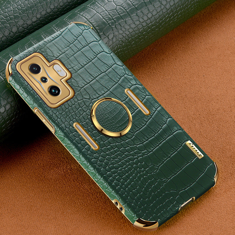 For Xiaomi Poco F4 GT/Redmi K50 Gaming Crocodile Texture Leather Coated TPU Case 6D Electroplated Camera Lens Protection Cover with Ring Holder Kickstand