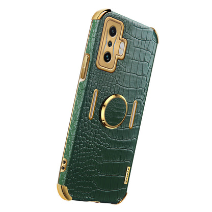 For Xiaomi Poco F4 GT/Redmi K50 Gaming Crocodile Texture Leather Coated TPU Case 6D Electroplated Camera Lens Protection Cover with Ring Holder Kickstand