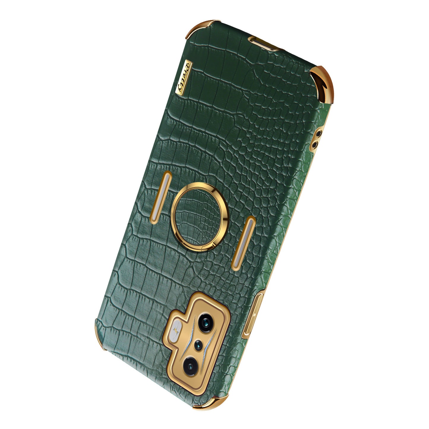 For Xiaomi Poco F4 GT/Redmi K50 Gaming Crocodile Texture Leather Coated TPU Case 6D Electroplated Camera Lens Protection Cover with Ring Holder Kickstand