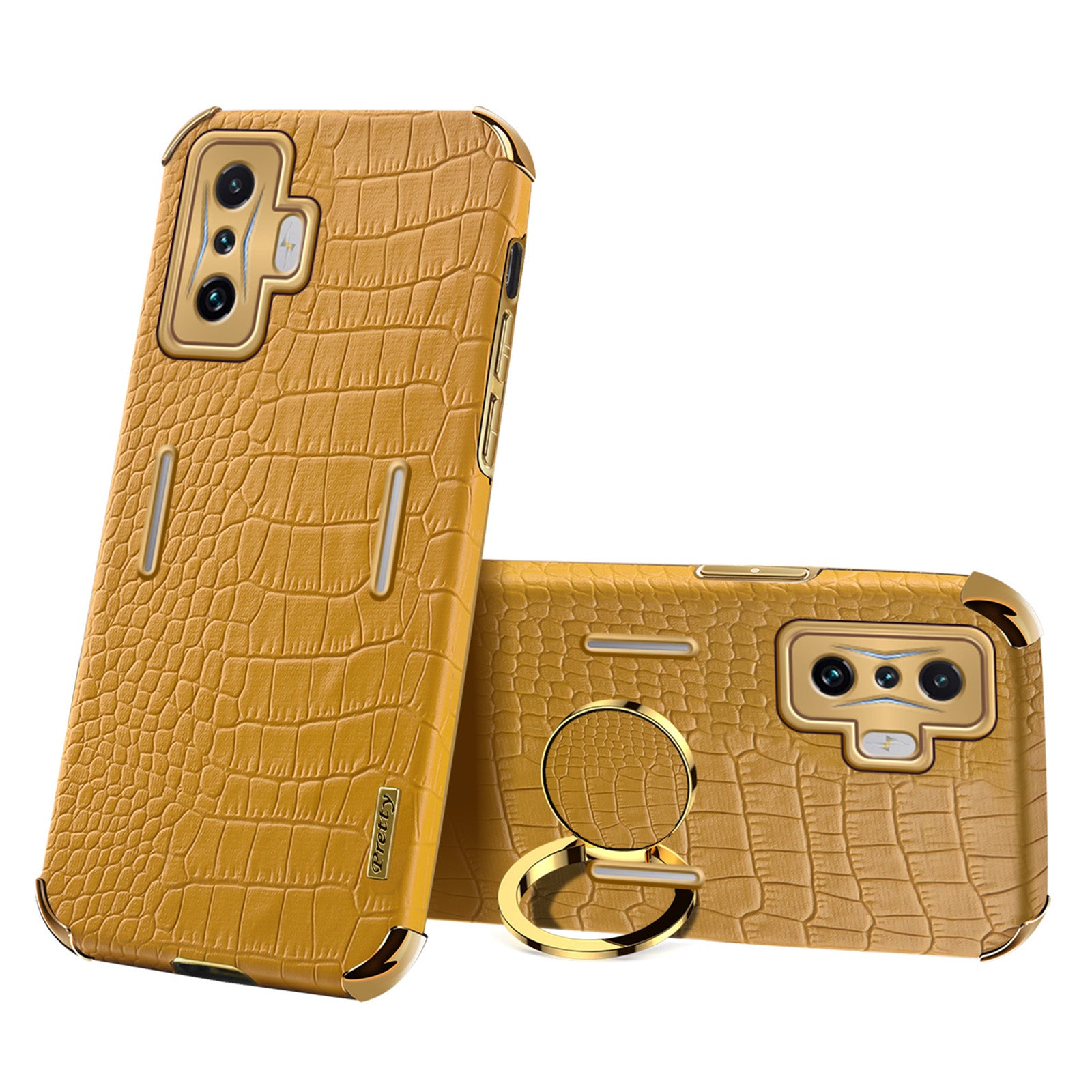 For Xiaomi Poco F4 GT/Redmi K50 Gaming Crocodile Texture Leather Coated TPU Case 6D Electroplated Camera Lens Protection Cover with Ring Holder Kickstand