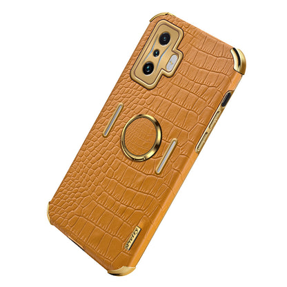 For Xiaomi Poco F4 GT/Redmi K50 Gaming Crocodile Texture Leather Coated TPU Case 6D Electroplated Camera Lens Protection Cover with Ring Holder Kickstand