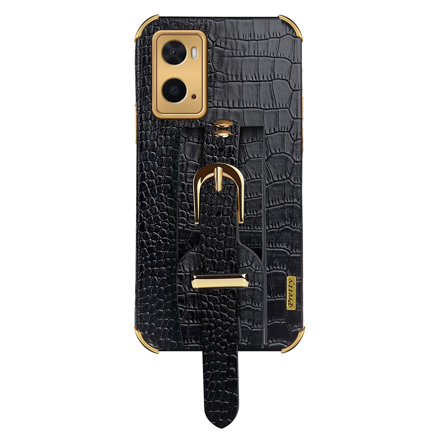 For Oppo A36/A76 PU Leather Coated TPU Case Crocodile Texture Hand Strap Kickstand Electroplating Phone Cover