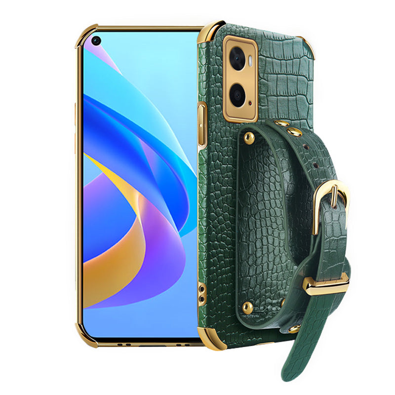 For Oppo A36/A76 PU Leather Coated TPU Case Crocodile Texture Hand Strap Kickstand Electroplating Phone Cover