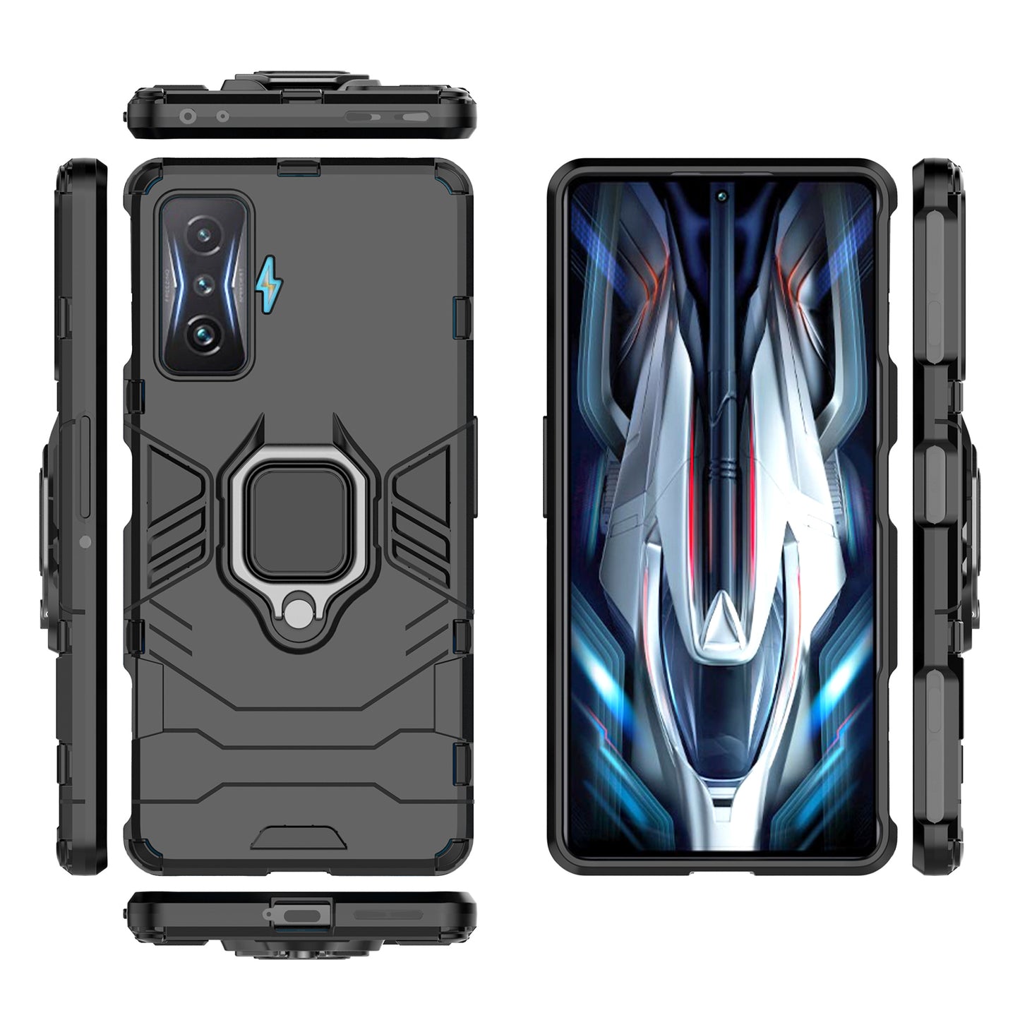 For Xiaomi Poco F4 GT/Redmi K50 Gaming Ring Holder Kickstand Shockproof Hard PC + Soft TPU Hybrid Phone Case