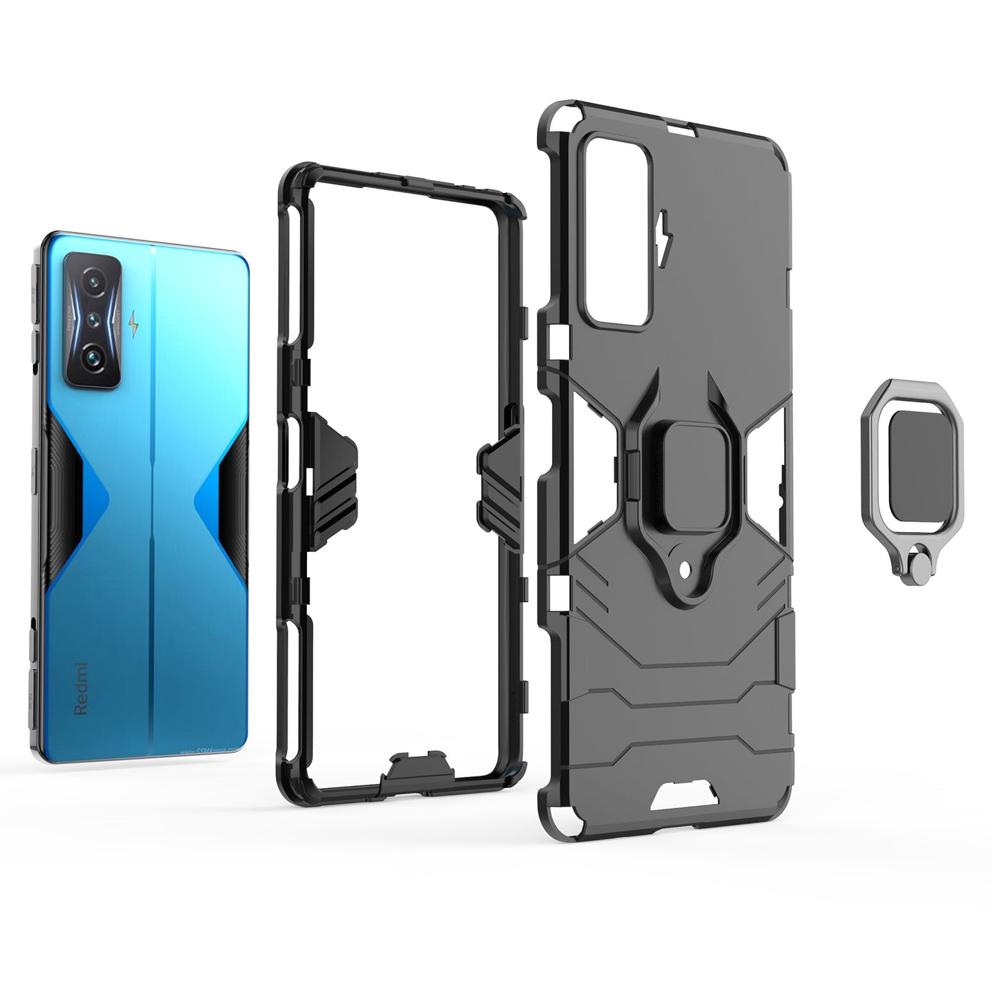 For Xiaomi Poco F4 GT/Redmi K50 Gaming Ring Holder Kickstand Shockproof Hard PC + Soft TPU Hybrid Phone Case