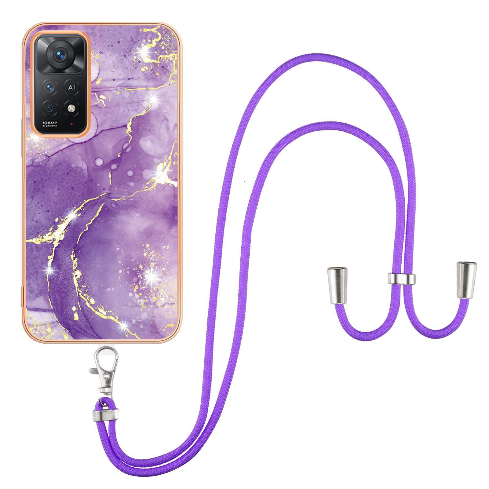 YB IMD Series-9 for Xiaomi Redmi Note 11 4G (Qualcomm)/Note 11S 4G Electroplating Frame Soft TPU Cover Marble Pattern IMD Phone Case with Lanyard