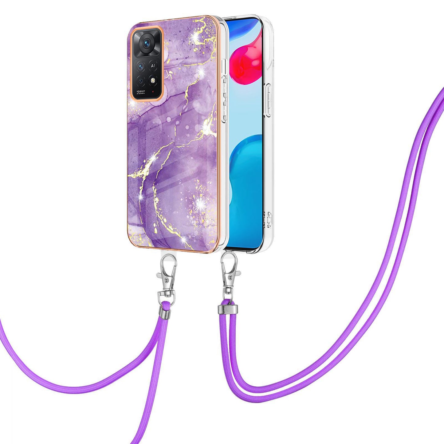 YB IMD Series-9 for Xiaomi Redmi Note 11 4G (Qualcomm)/Note 11S 4G Electroplating Frame Soft TPU Cover Marble Pattern IMD Phone Case with Lanyard