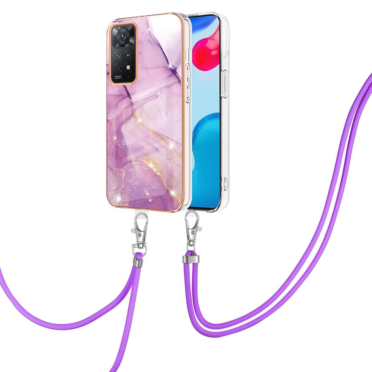 YB IMD Series-9 for Xiaomi Redmi Note 11 4G (Qualcomm)/Note 11S 4G Electroplating Frame Soft TPU Cover Marble Pattern IMD Phone Case with Lanyard