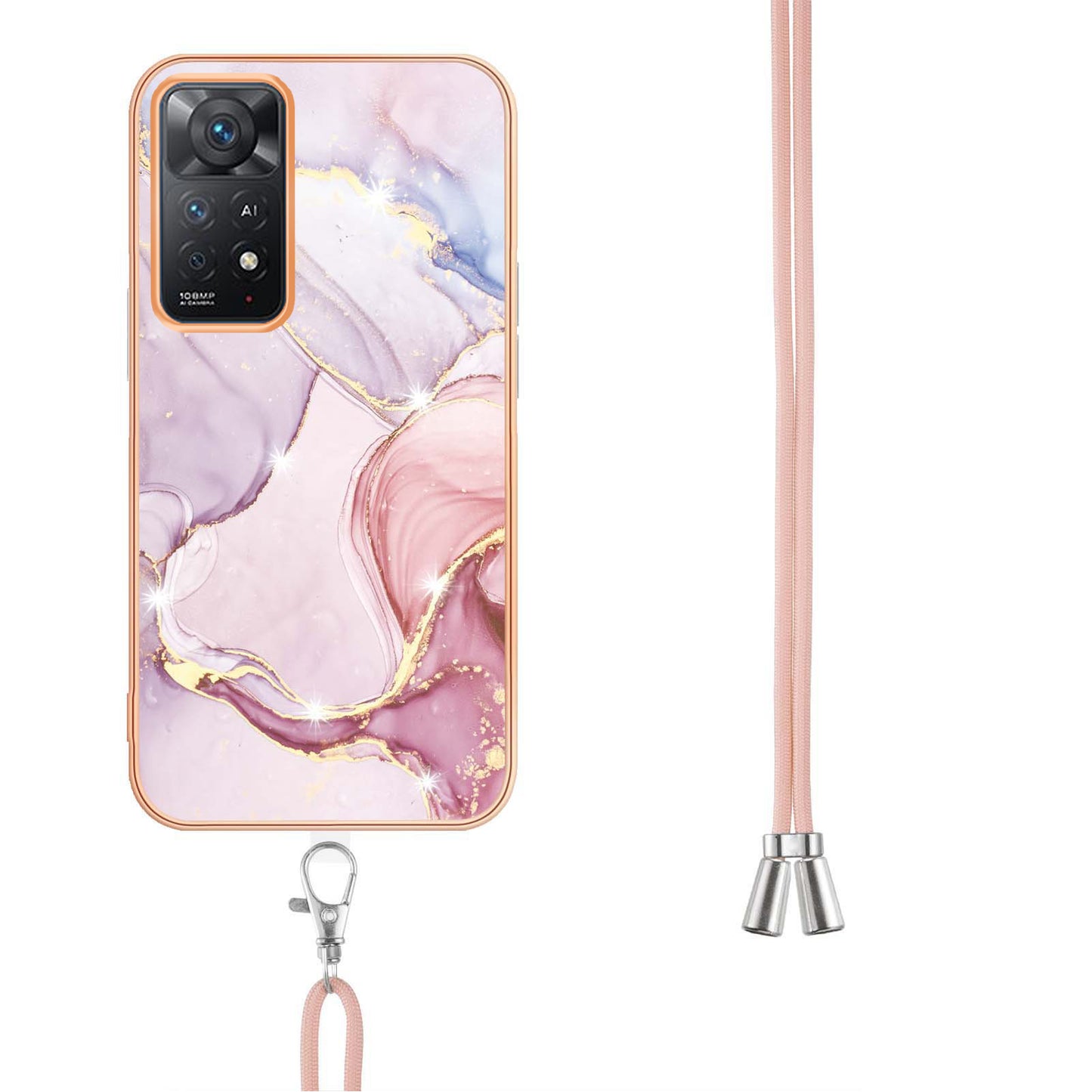 YB IMD Series-9 for Xiaomi Redmi Note 11 4G (Qualcomm)/Note 11S 4G Electroplating Frame Soft TPU Cover Marble Pattern IMD Phone Case with Lanyard