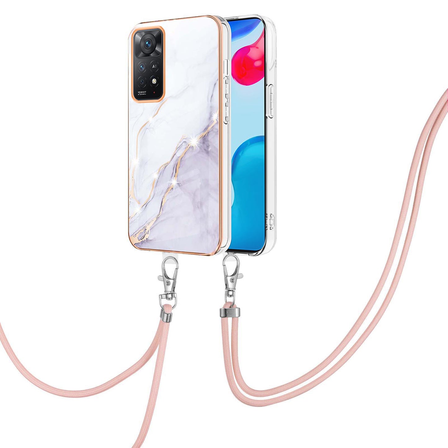 YB IMD Series-9 for Xiaomi Redmi Note 11 4G (Qualcomm)/Note 11S 4G Electroplating Frame Soft TPU Cover Marble Pattern IMD Phone Case with Lanyard