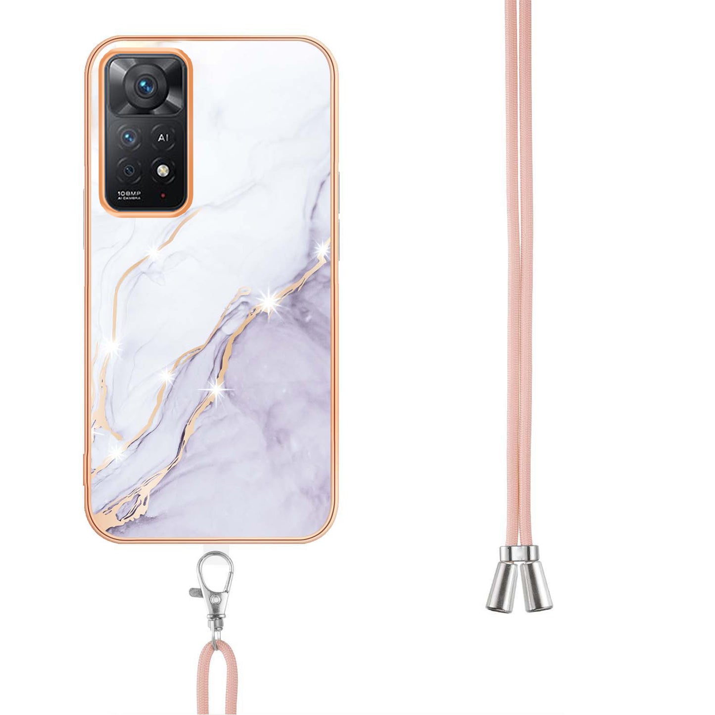 YB IMD Series-9 for Xiaomi Redmi Note 11 4G (Qualcomm)/Note 11S 4G Electroplating Frame Soft TPU Cover Marble Pattern IMD Phone Case with Lanyard