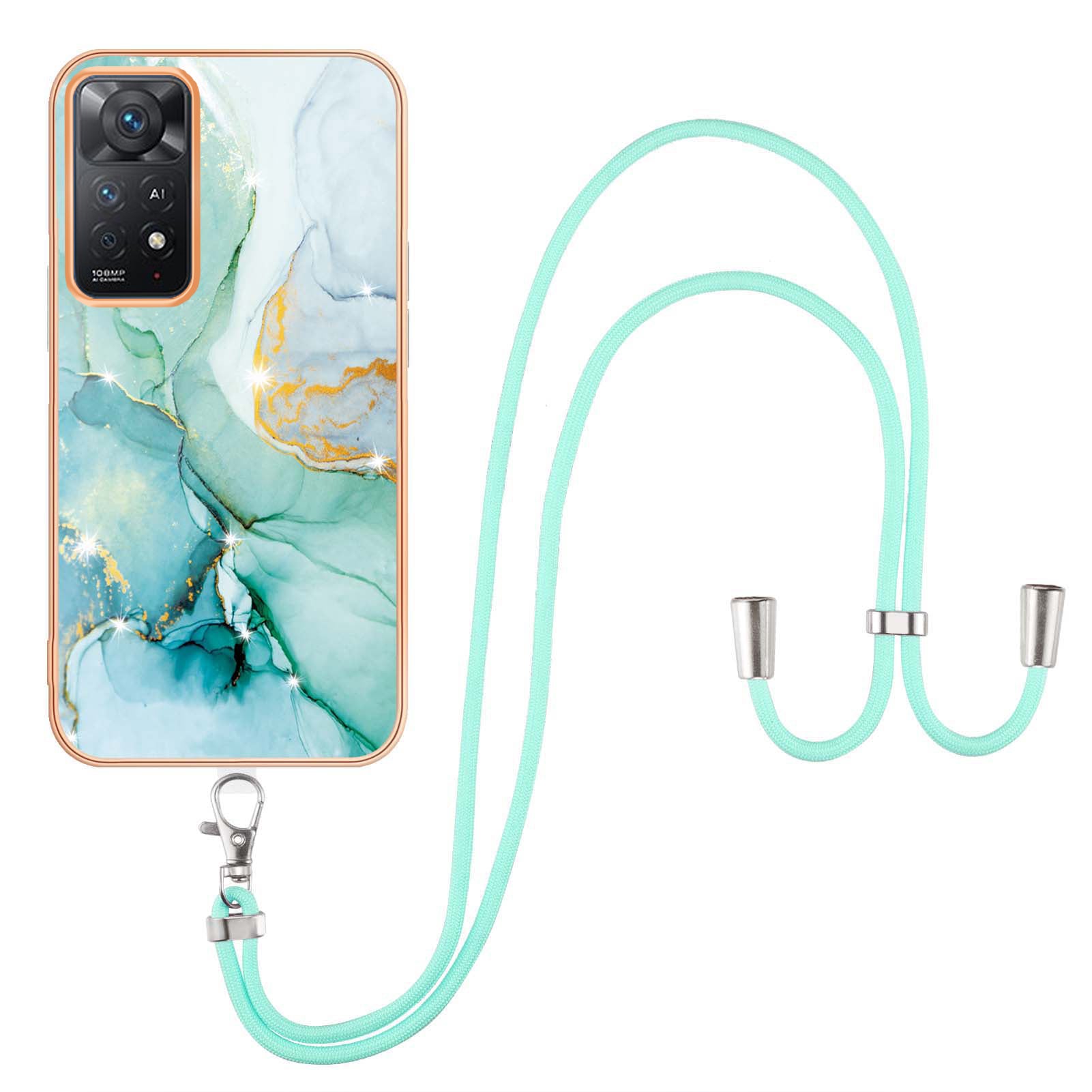 YB IMD Series-9 for Xiaomi Redmi Note 11 4G (Qualcomm)/Note 11S 4G Electroplating Frame Soft TPU Cover Marble Pattern IMD Phone Case with Lanyard