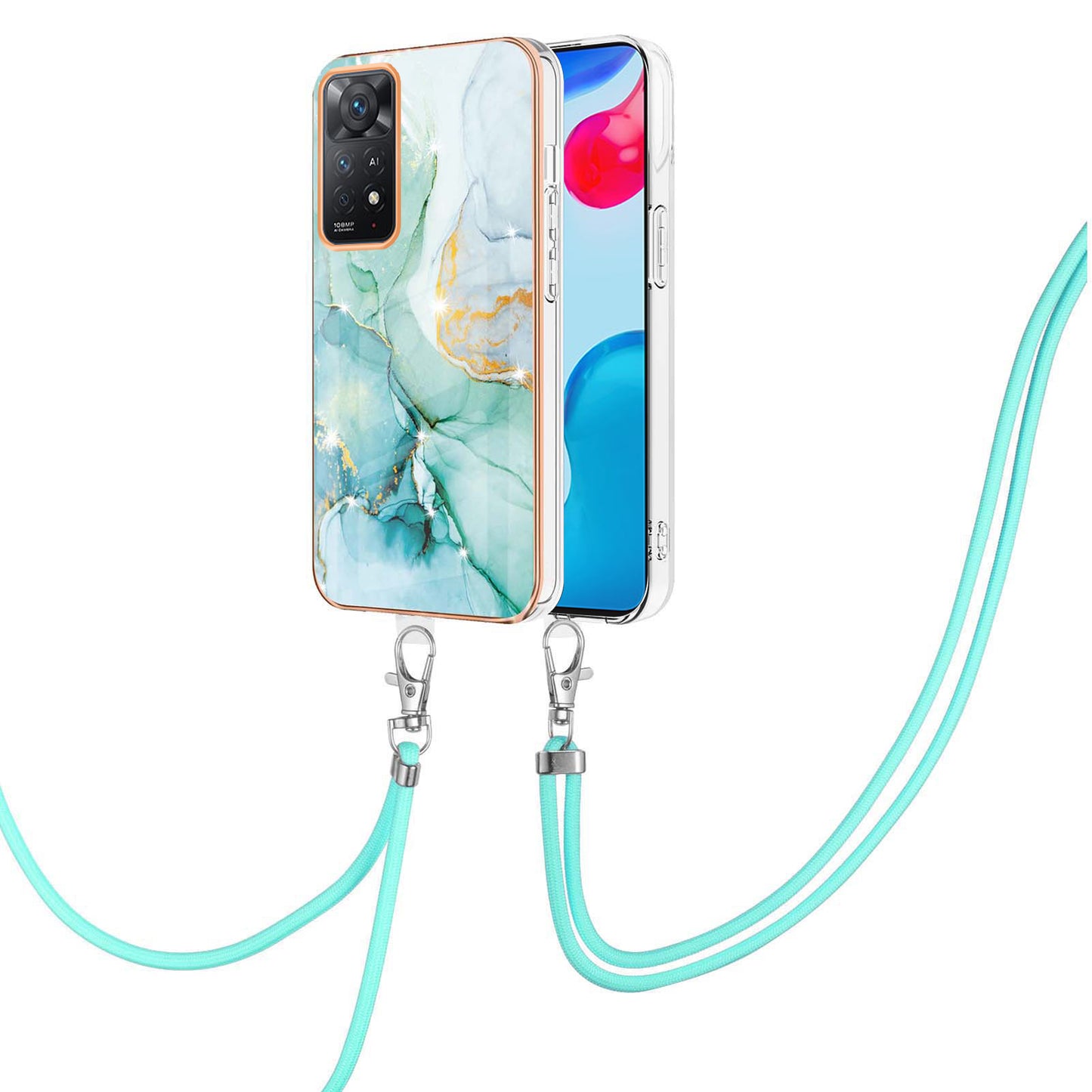 YB IMD Series-9 for Xiaomi Redmi Note 11 4G (Qualcomm)/Note 11S 4G Electroplating Frame Soft TPU Cover Marble Pattern IMD Phone Case with Lanyard