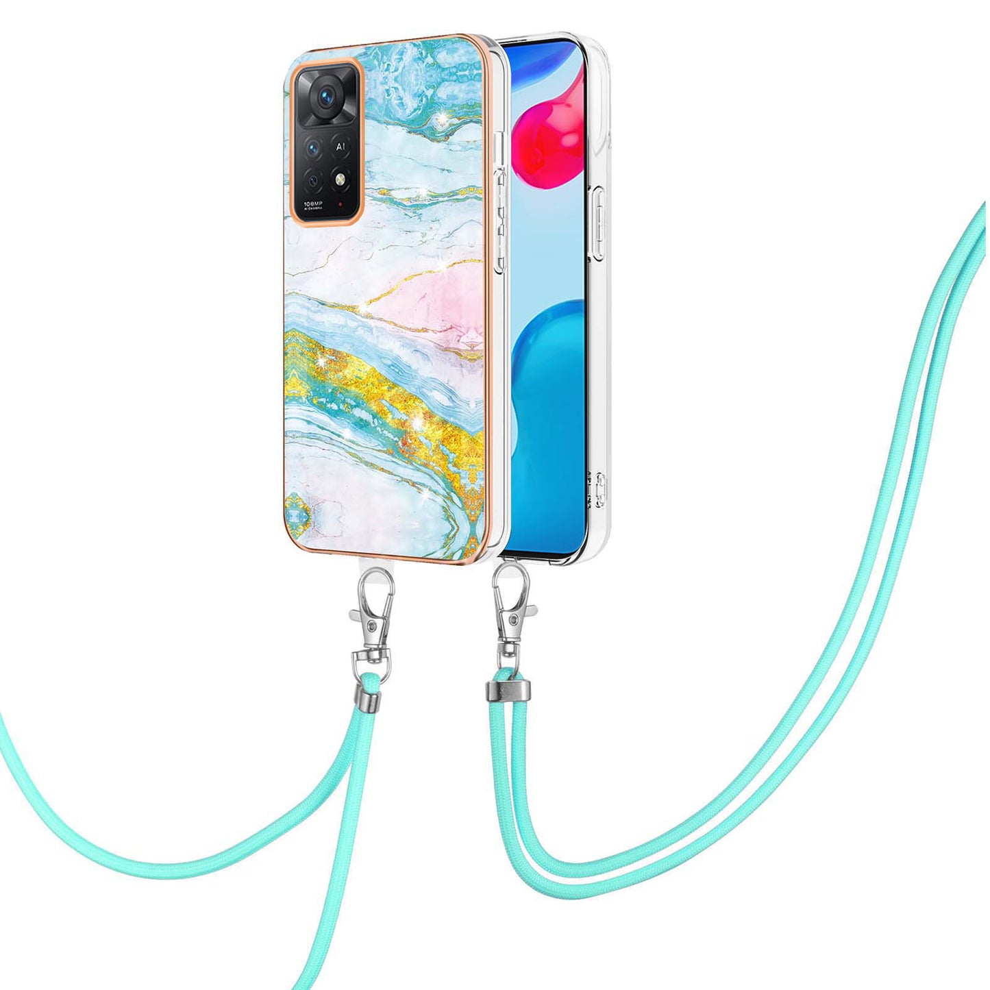 YB IMD Series-9 for Xiaomi Redmi Note 11 4G (Qualcomm)/Note 11S 4G Electroplating Frame Soft TPU Cover Marble Pattern IMD Phone Case with Lanyard