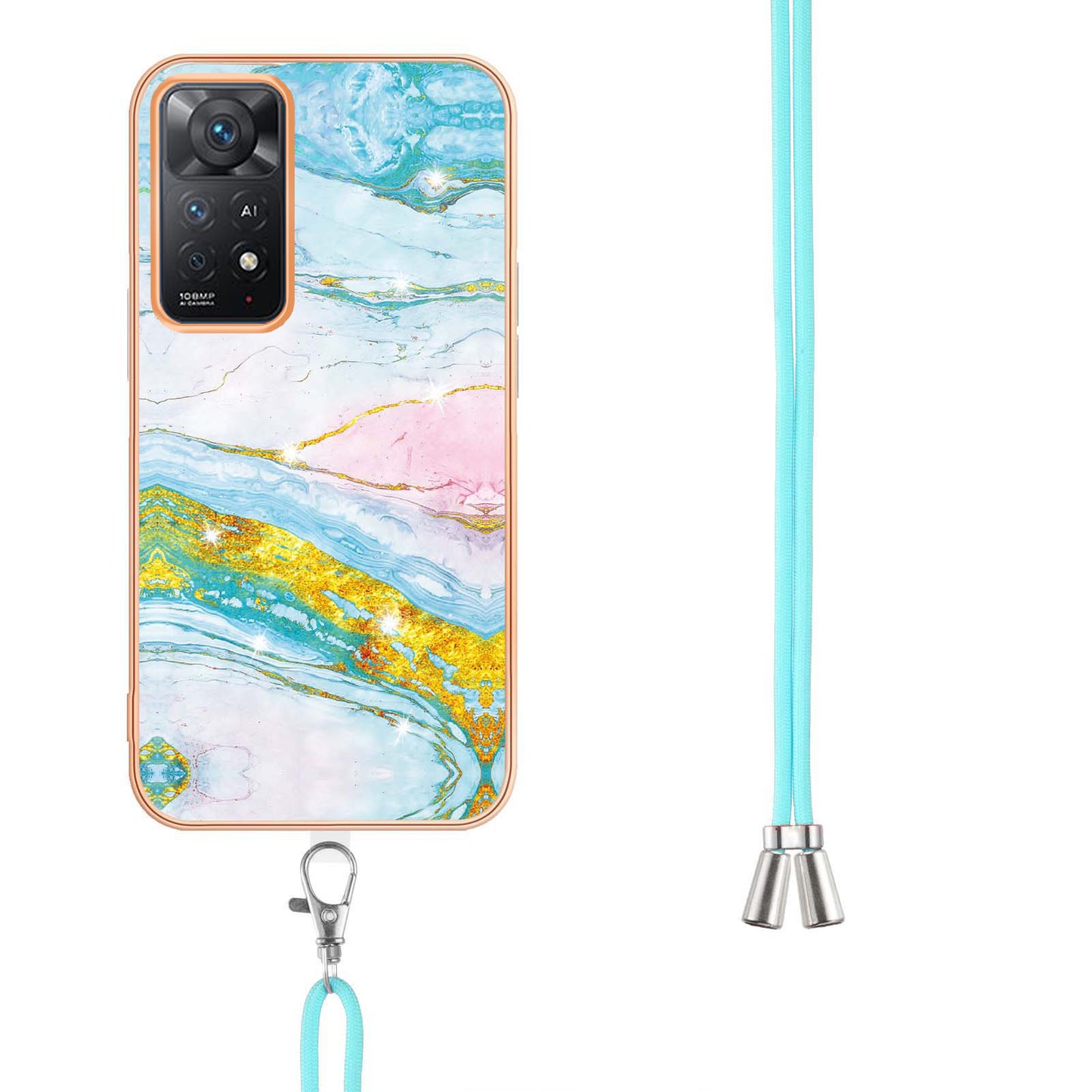 YB IMD Series-9 for Xiaomi Redmi Note 11 4G (Qualcomm)/Note 11S 4G Electroplating Frame Soft TPU Cover Marble Pattern IMD Phone Case with Lanyard