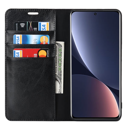 Genuine Leather Phone Case for Xiaomi 12 Pro 5G/12S Pro 5G/12 Pro (Dimensity) 5G, Anti-scratch Wallet Stand Crazy Horse Texture Shell