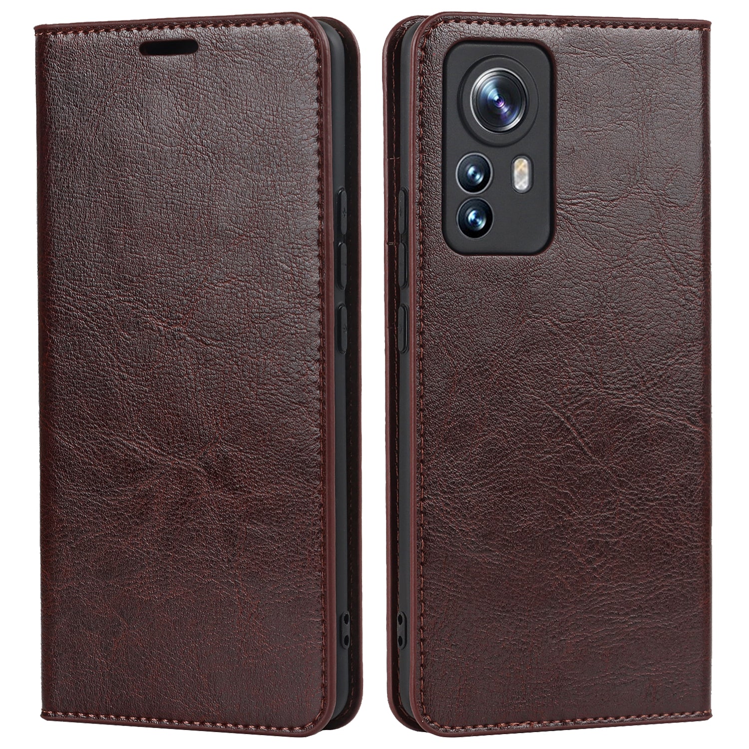 Genuine Leather Phone Case for Xiaomi 12 Pro 5G/12S Pro 5G/12 Pro (Dimensity) 5G, Anti-scratch Wallet Stand Crazy Horse Texture Shell