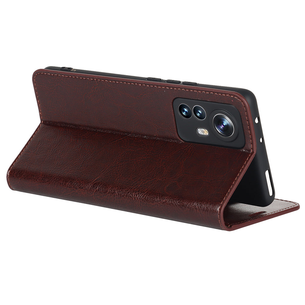 Genuine Leather Phone Case for Xiaomi 12 Pro 5G/12S Pro 5G/12 Pro (Dimensity) 5G, Anti-scratch Wallet Stand Crazy Horse Texture Shell