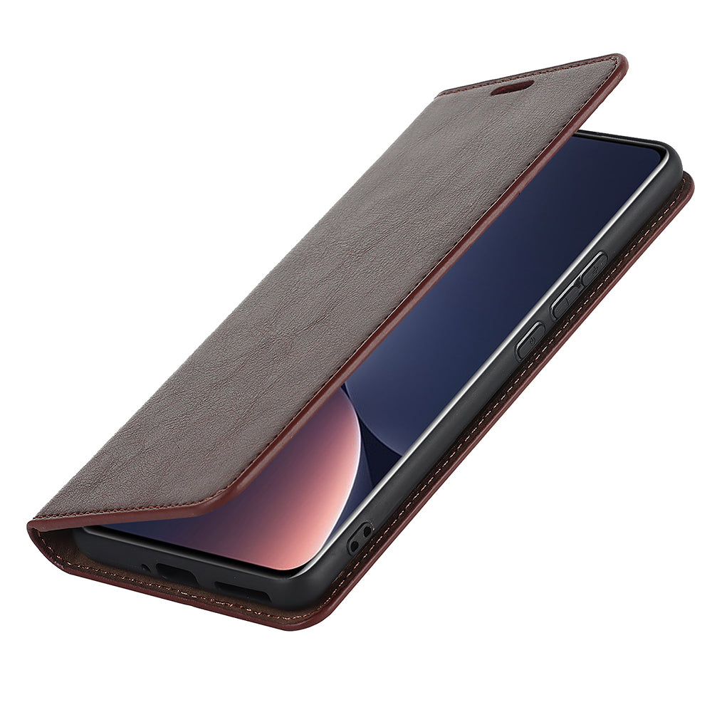 Genuine Leather Phone Case for Xiaomi 12 Pro 5G/12S Pro 5G/12 Pro (Dimensity) 5G, Anti-scratch Wallet Stand Crazy Horse Texture Shell