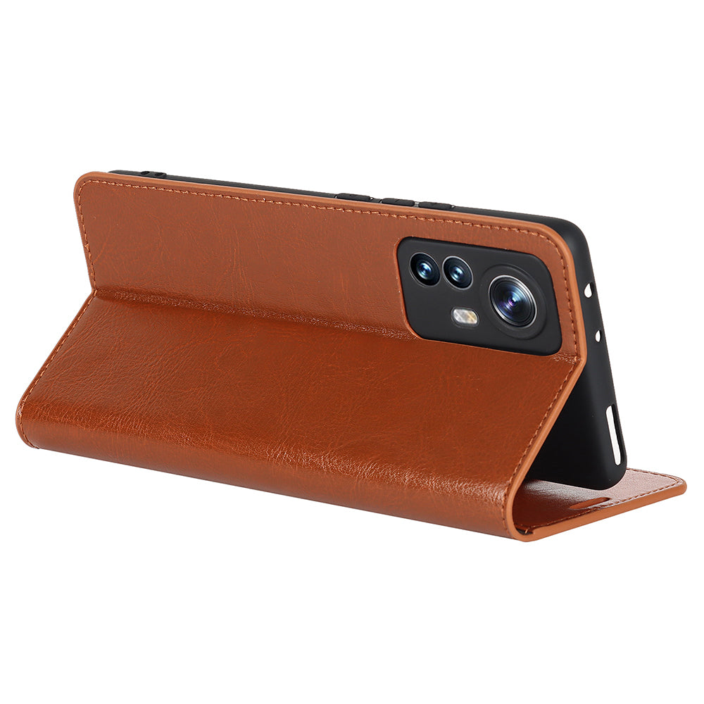 Genuine Leather Phone Case for Xiaomi 12 Pro 5G/12S Pro 5G/12 Pro (Dimensity) 5G, Anti-scratch Wallet Stand Crazy Horse Texture Shell