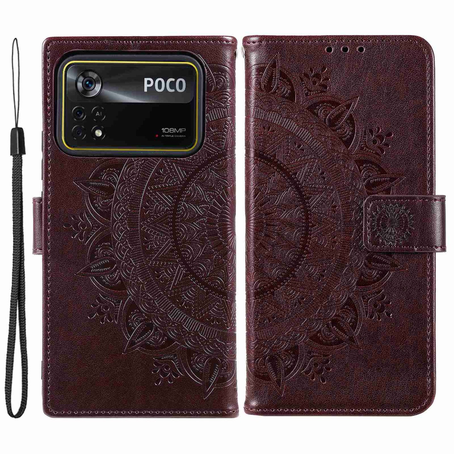 For Xiaomi Poco X4 Pro 5G Wallet Stand Design Imprinted Mandala Flower Fully Wrapped PU Leather Phone Flip Cover Phone Case