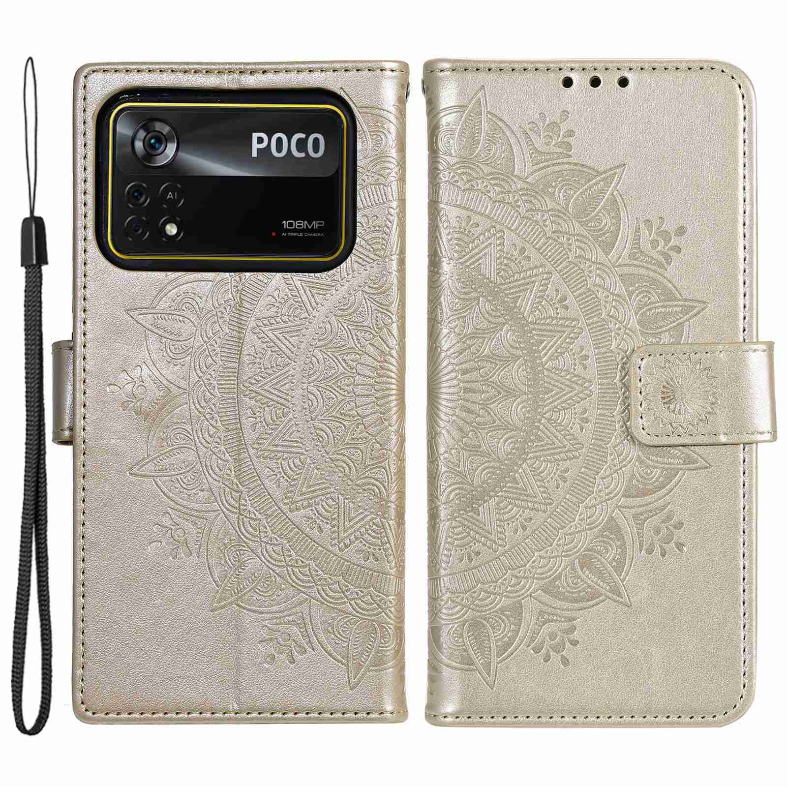 For Xiaomi Poco X4 Pro 5G Wallet Stand Design Imprinted Mandala Flower Fully Wrapped PU Leather Phone Flip Cover Phone Case