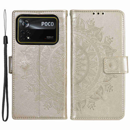 For Xiaomi Poco X4 Pro 5G Wallet Stand Design Imprinted Mandala Flower Fully Wrapped PU Leather Phone Flip Cover Phone Case