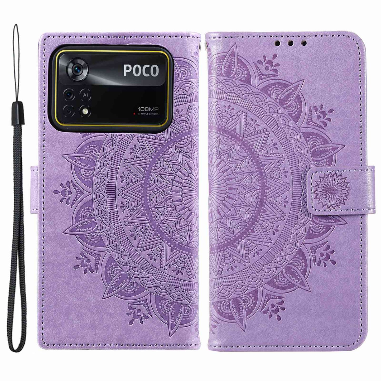For Xiaomi Poco X4 Pro 5G Wallet Stand Design Imprinted Mandala Flower Fully Wrapped PU Leather Phone Flip Cover Phone Case
