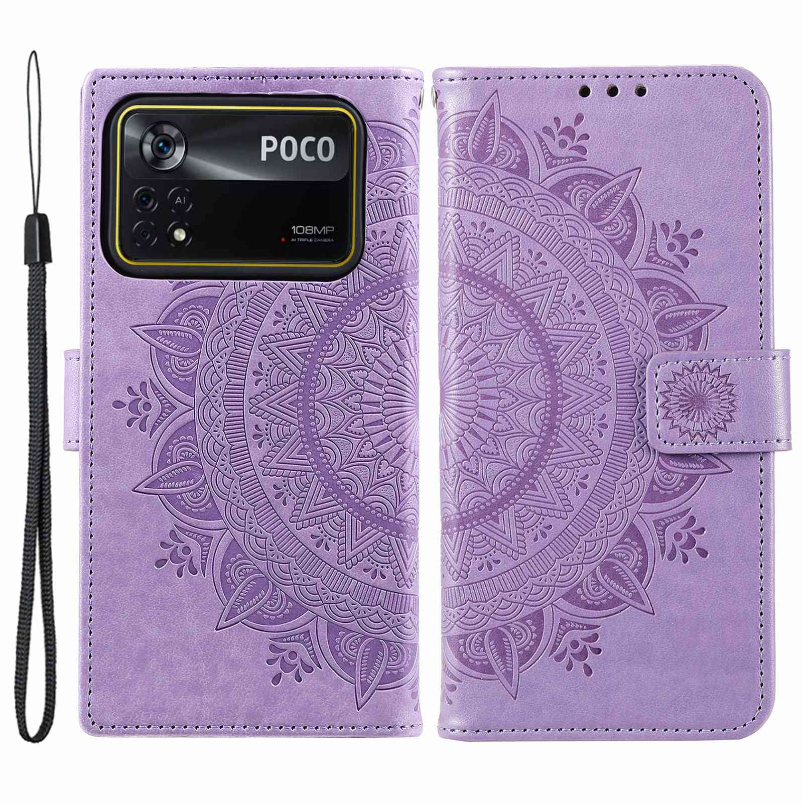 For Xiaomi Poco X4 Pro 5G Wallet Stand Design Imprinted Mandala Flower Fully Wrapped PU Leather Phone Flip Cover Phone Case