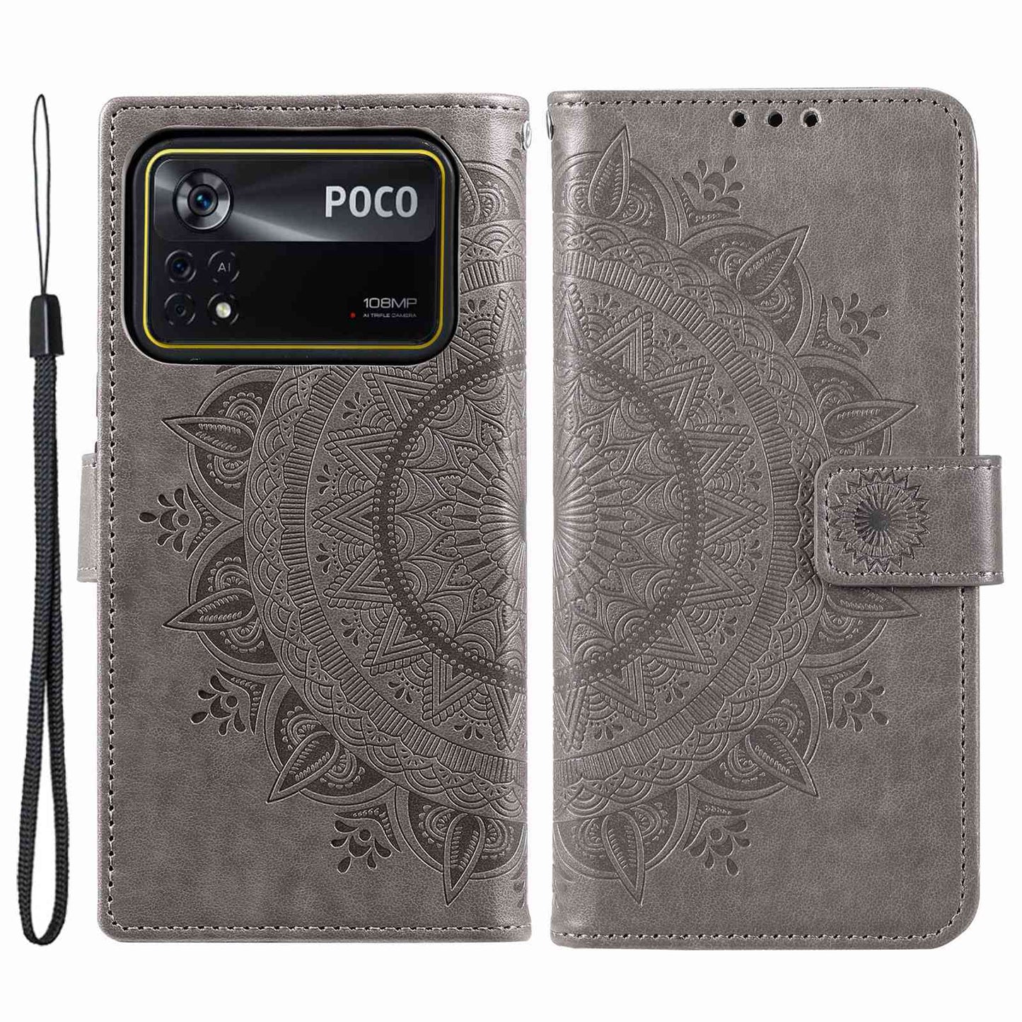 For Xiaomi Poco X4 Pro 5G Wallet Stand Design Imprinted Mandala Flower Fully Wrapped PU Leather Phone Flip Cover Phone Case