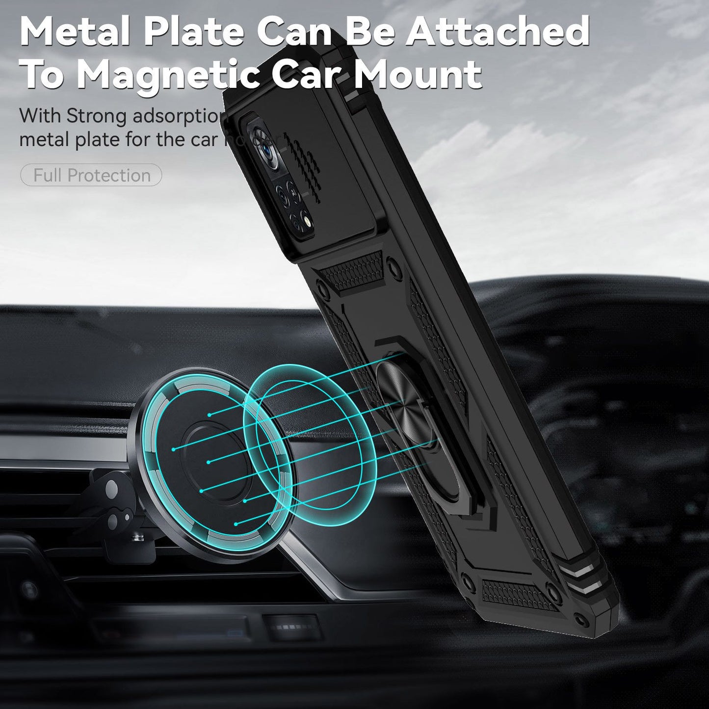 For Xiaomi Poco X4 Pro 5G Protective Case Slide Camera Cover Hard PC + Soft TPU Phone Protector with Ring Kickstand