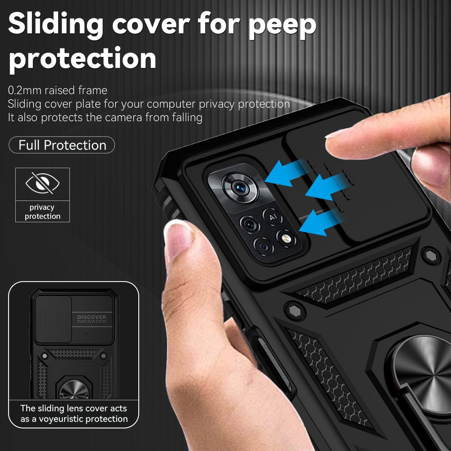For Xiaomi Poco X4 Pro 5G Protective Case Slide Camera Cover Hard PC + Soft TPU Phone Protector with Ring Kickstand