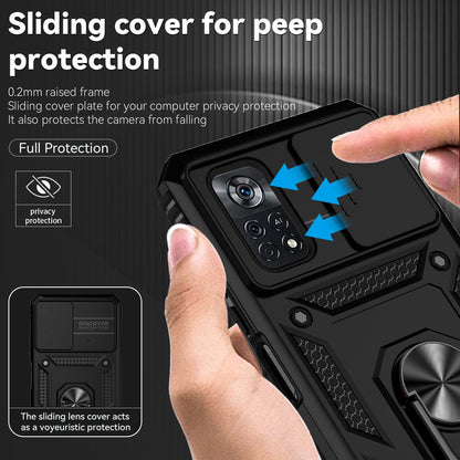 For Xiaomi Poco X4 Pro 5G Protective Case Slide Camera Cover Hard PC + Soft TPU Phone Protector with Ring Kickstand