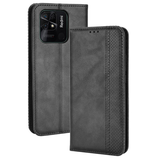 Retro PU Leather Protective Case for Xiaomi Redmi 10C Mosaic Imprinted Folio Flip Cover Auto Magnetic Closed Stand Shell with Wallet
