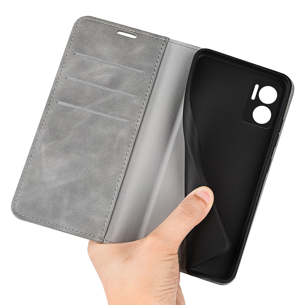 Skin-touch Folio Flip Leather Shell for Xiaomi Redmi Note 11E 5G / Redmi 10 5G / Redmi 10 Prime+ 5G, Auto-absorbed Magnetic Wallet Stand Drop-proof Mobile Phone Case