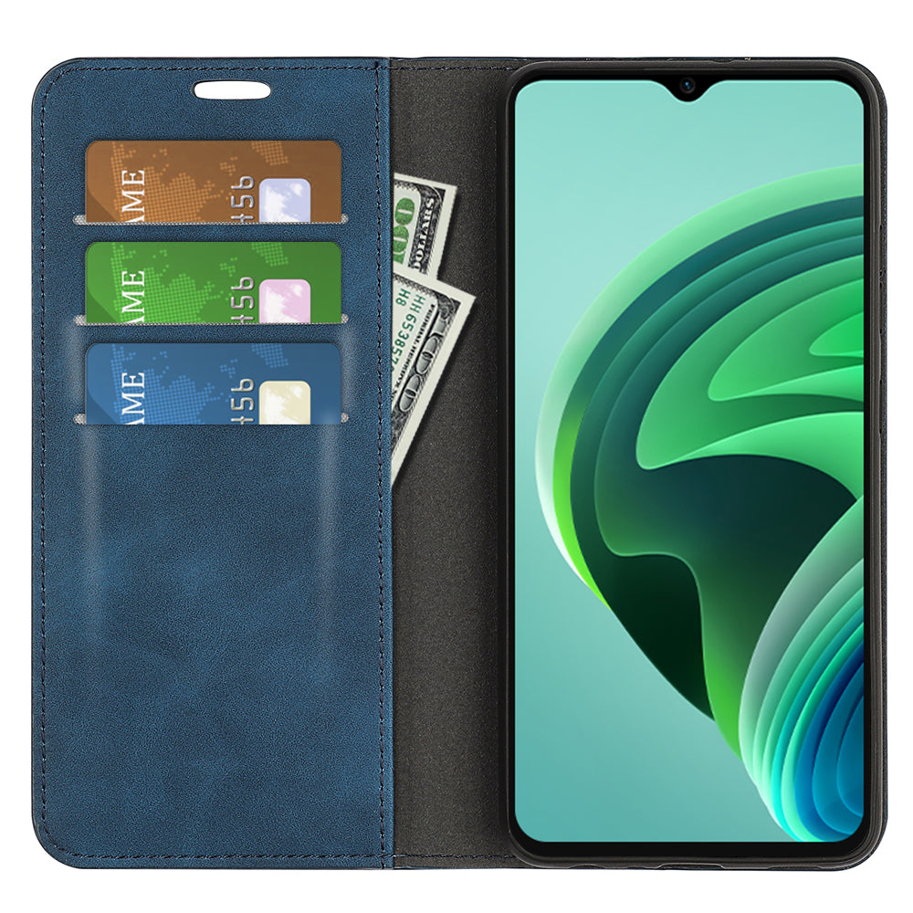 Skin-touch Folio Flip Leather Shell for Xiaomi Redmi Note 11E 5G / Redmi 10 5G / Redmi 10 Prime+ 5G, Auto-absorbed Magnetic Wallet Stand Drop-proof Mobile Phone Case