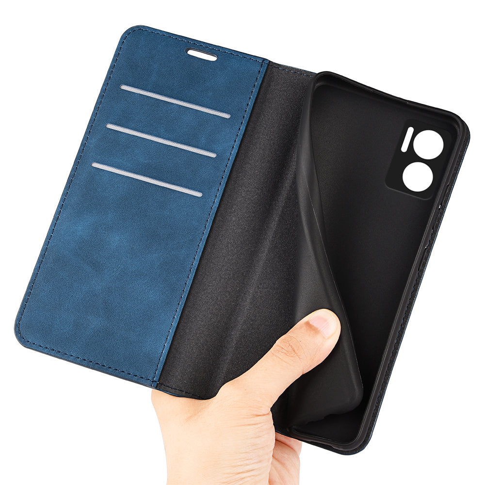Skin-touch Folio Flip Leather Shell for Xiaomi Redmi Note 11E 5G / Redmi 10 5G / Redmi 10 Prime+ 5G, Auto-absorbed Magnetic Wallet Stand Drop-proof Mobile Phone Case