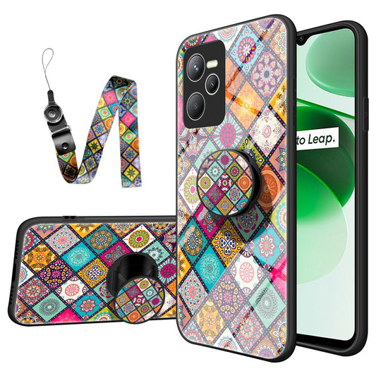 Patterned Glass Hybrid Case for Realme C35, Phone Protector with Built-In Metal Sheet and Lanyard