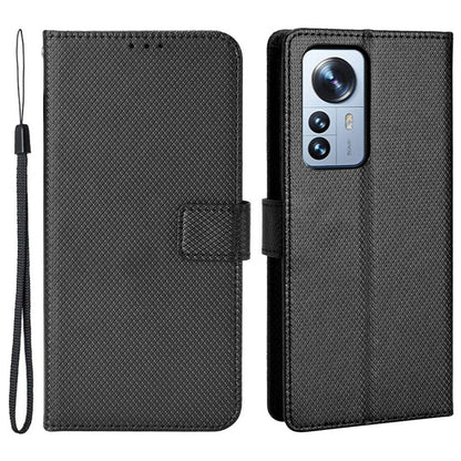 For Xiaomi 12/12X/12S 5G PU Leather Wallet Book Stand View Cover Diamond Texture Flip Phone Case with Wrist Strap