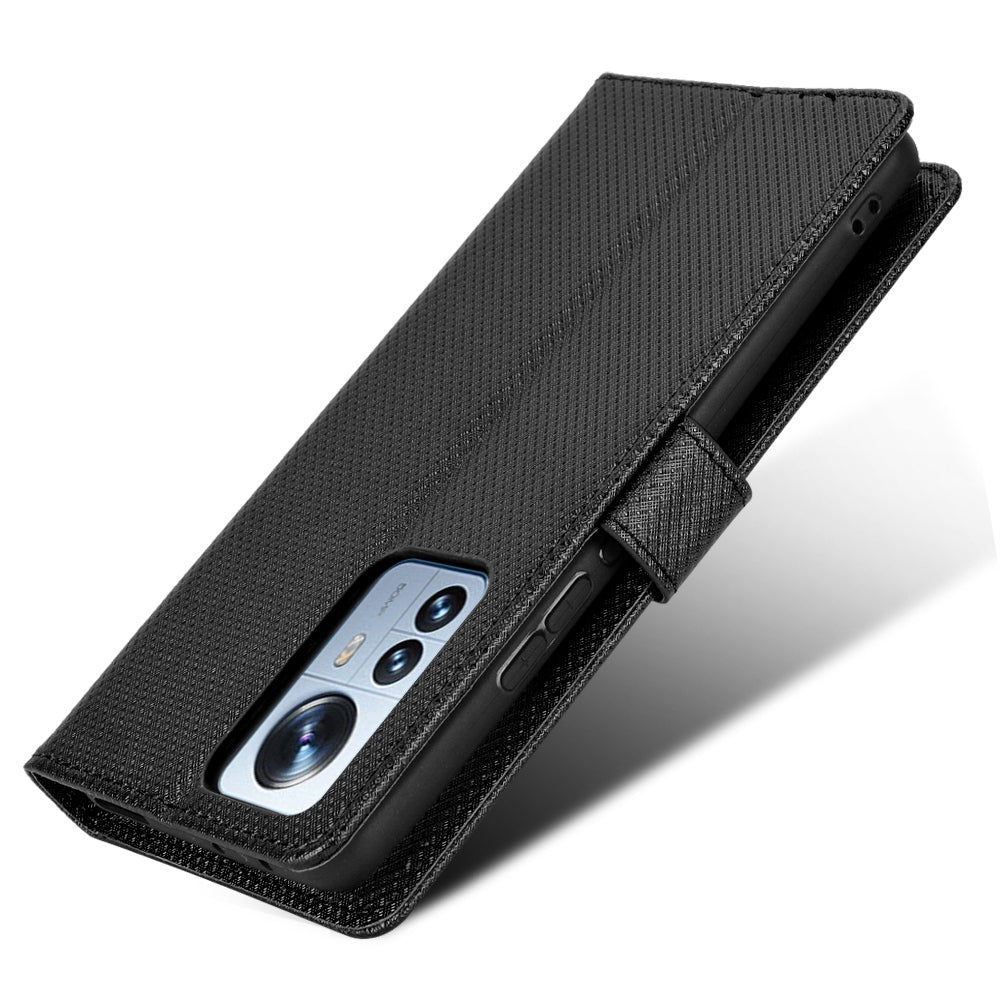 For Xiaomi 12/12X/12S 5G PU Leather Wallet Book Stand View Cover Diamond Texture Flip Phone Case with Wrist Strap