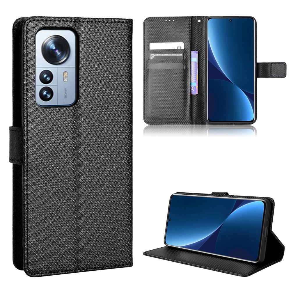 For Xiaomi 12/12X/12S 5G PU Leather Wallet Book Stand View Cover Diamond Texture Flip Phone Case with Wrist Strap