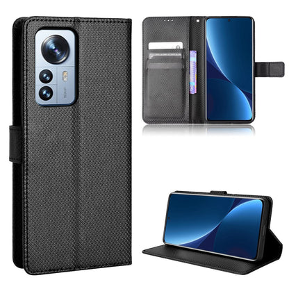 For Xiaomi 12/12X/12S 5G PU Leather Wallet Book Stand View Cover Diamond Texture Flip Phone Case with Wrist Strap